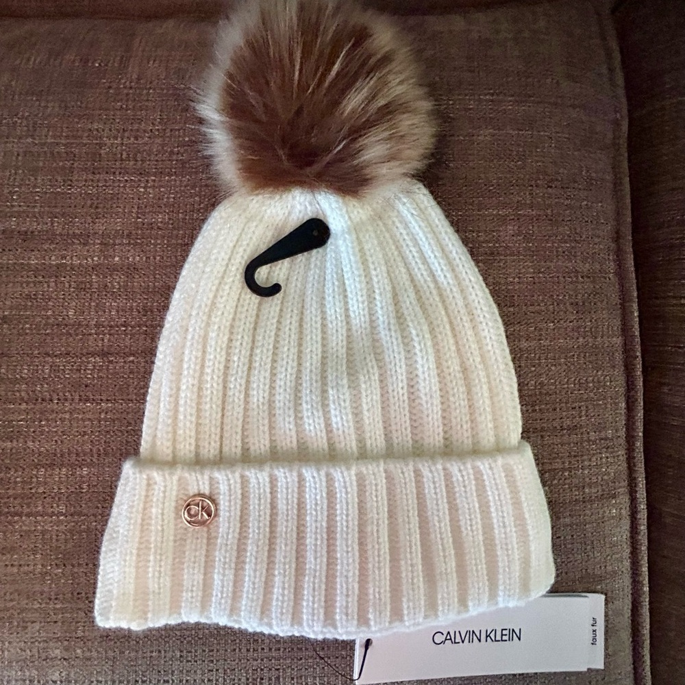 NEW Calvin Klein Cream and Brown Knit Beanie with Pom-Pom
